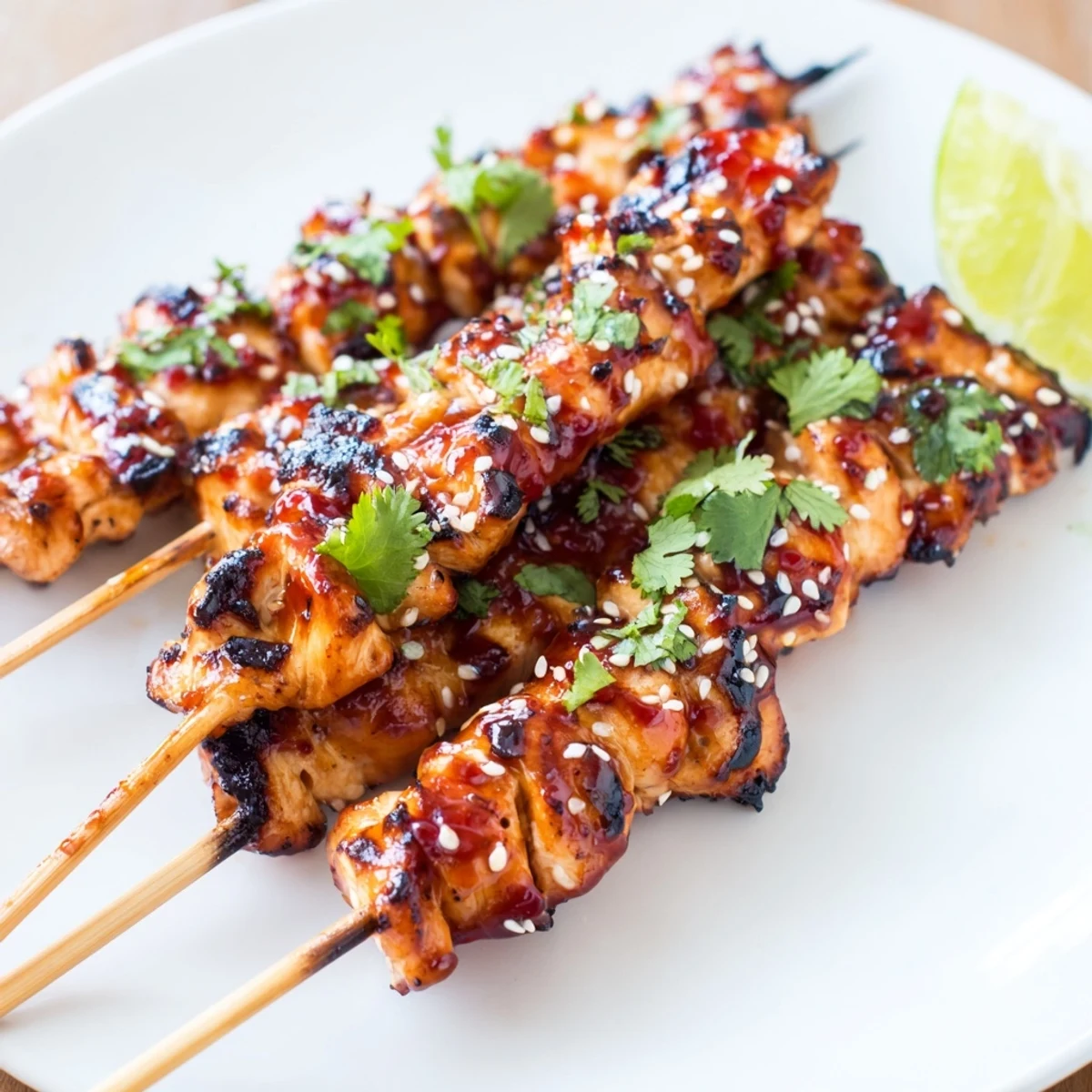 Golden brown spicy honey garlic chicken skewers fresh off the grill with charred edges