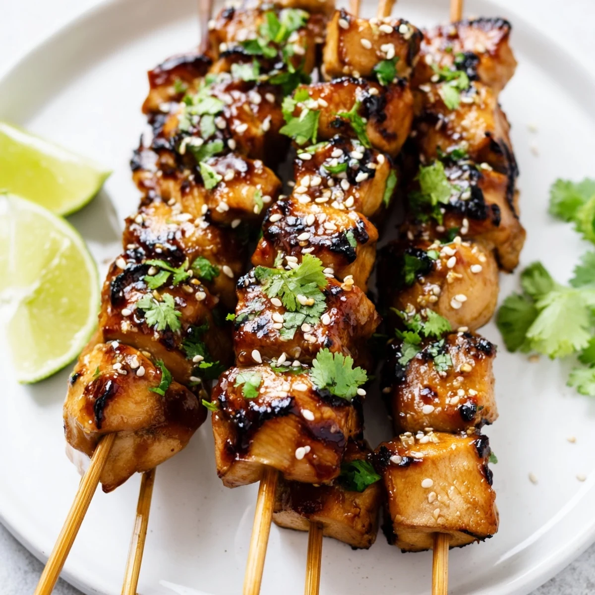 Tender chicken cubes threaded on skewers glazed with sticky honey garlic chili sauce