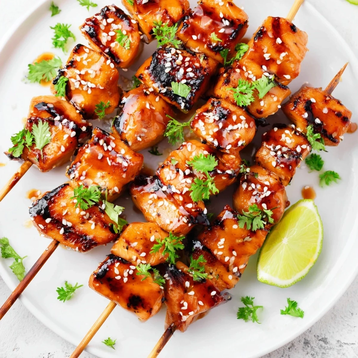 Grilled chicken kebabs basted with sweet spicy marinade garnished with fresh cilantro and lime