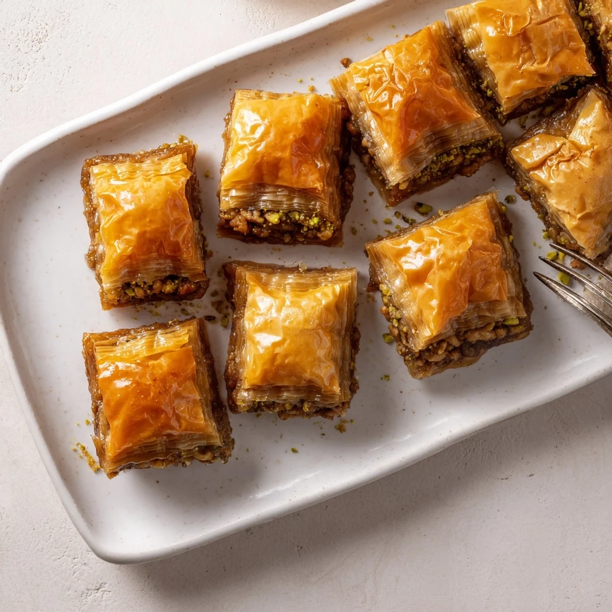 Golden baklava dessert with layers of flaky phyllo pastry and chopped walnuts pistachios