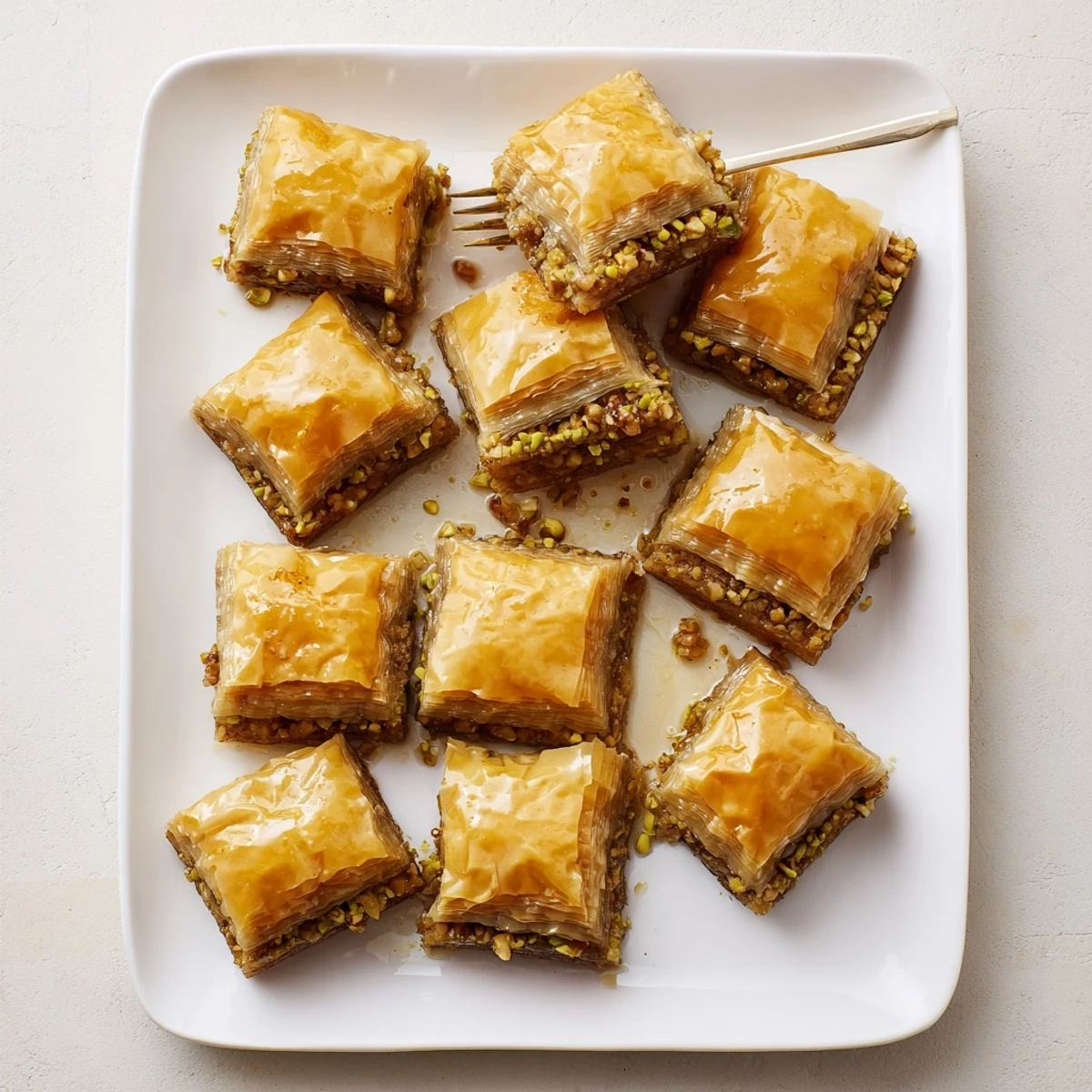 Homemade baklava arranged in diamond shapes glistening with sweet honey syrup on serving plate