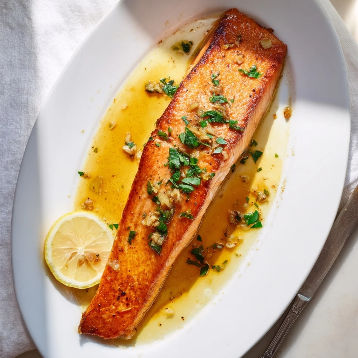 Golden pan seared salmon fillets with crispy skin topped with melted garlic butter sauce and fresh parsley