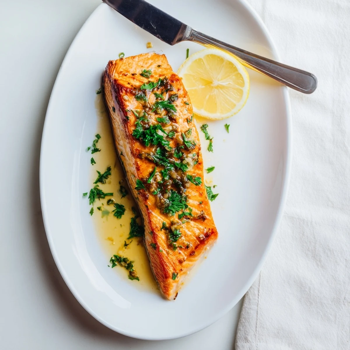 Restaurant-style pan seared salmon with golden crust finished in a rich garlic butter sauce with herbs