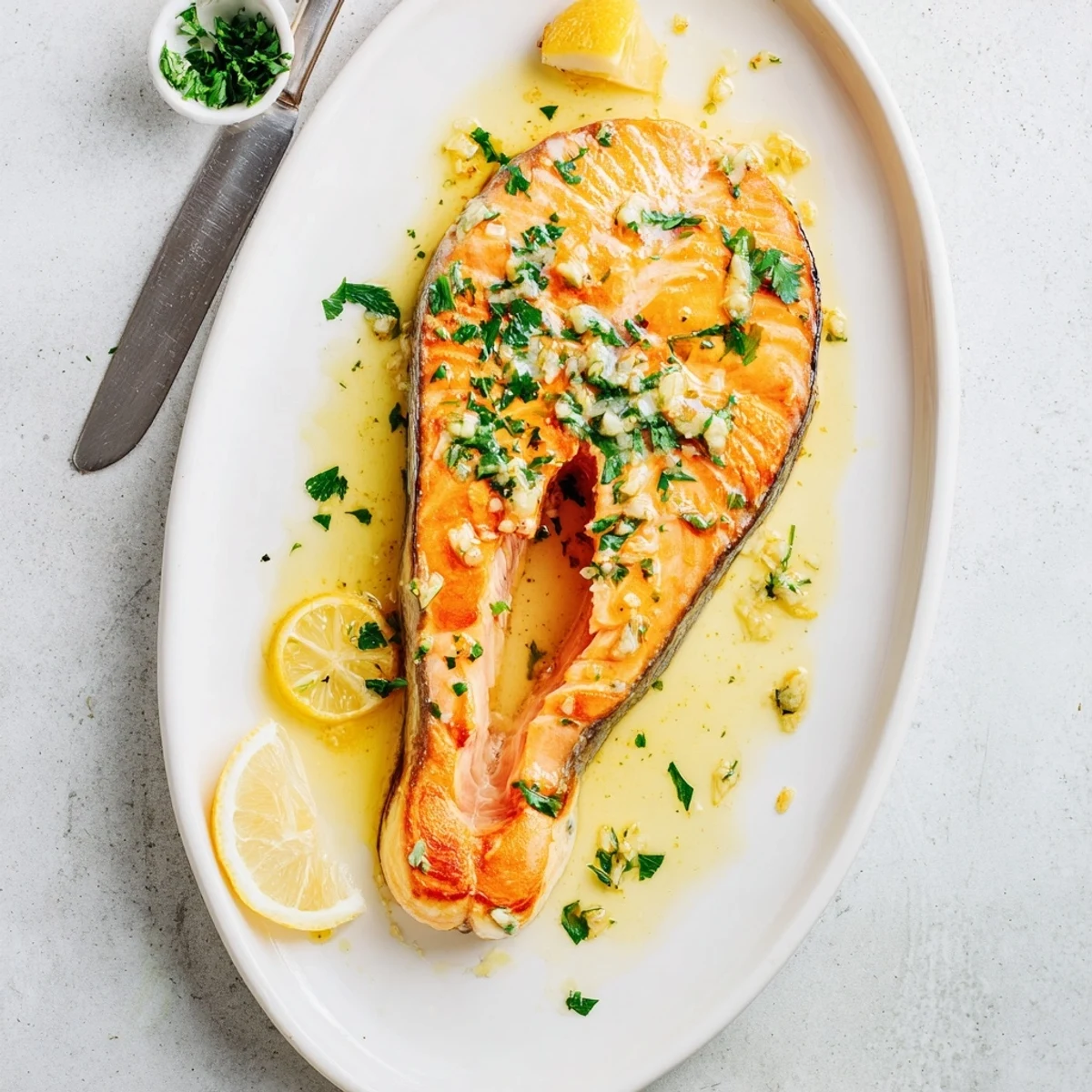Perfectly seared salmon drizzled with luscious garlic butter and served with bright lemon wedges for garnish