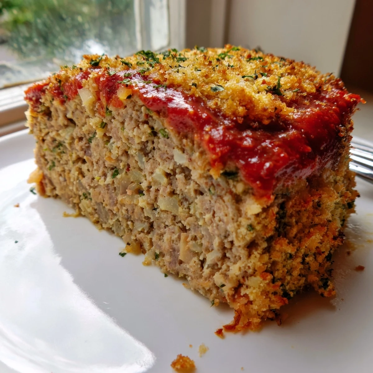 Golden brown Parmesan crusted turkey meatloaf sliced on a wooden cutting board with ketchup glaze