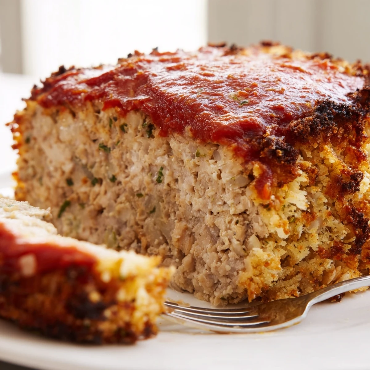 Whole baked turkey meatloaf topped with crispy Parmesan crust and fresh parsley garnish