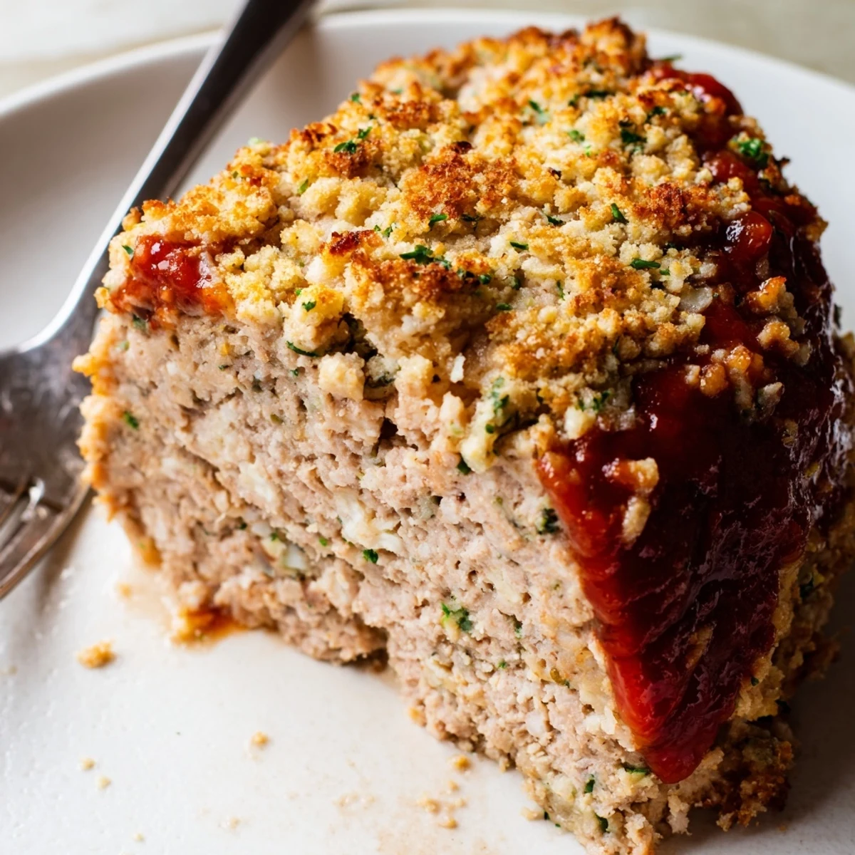 Juicy turkey meatloaf with melted cheese crust served beside creamy mashed potatoes