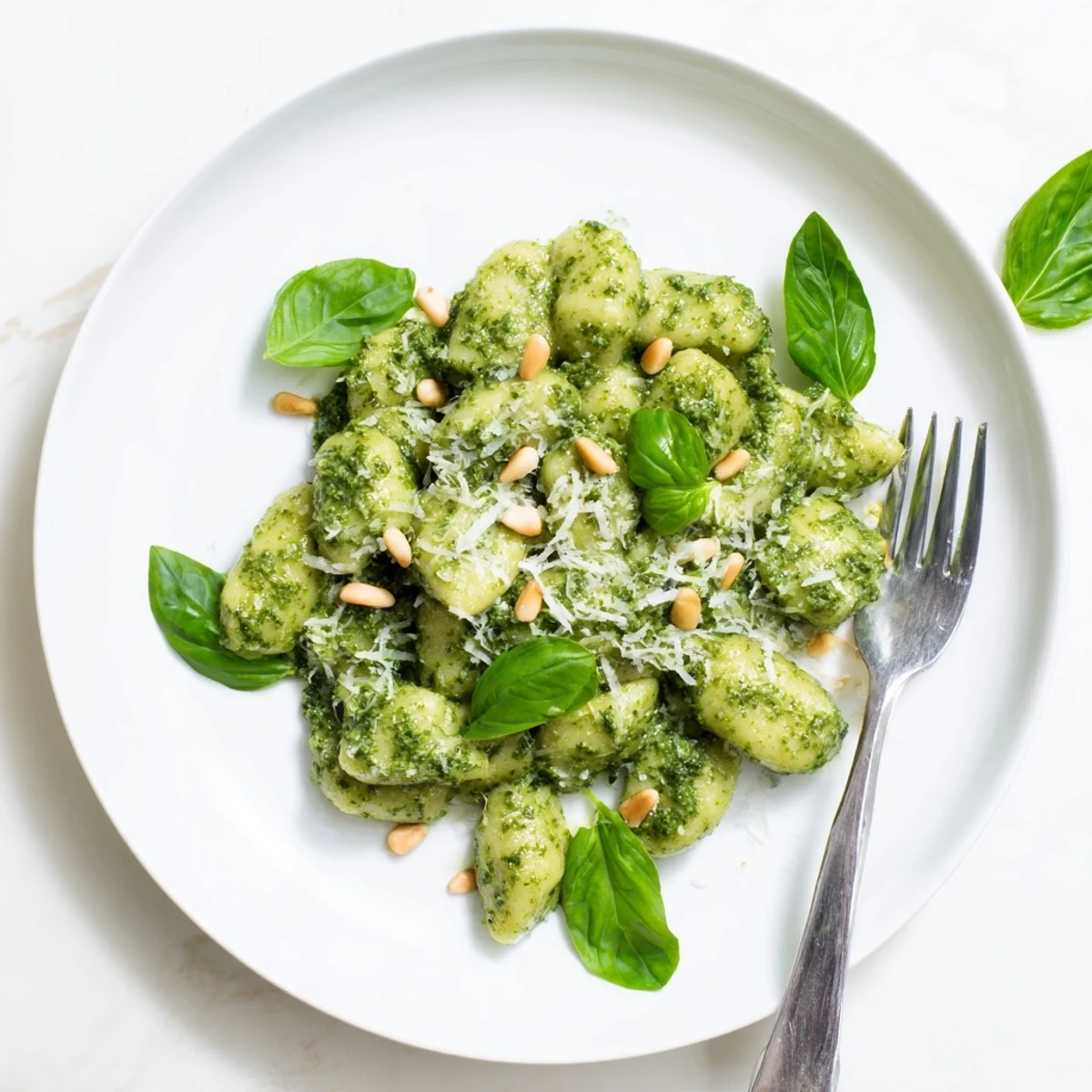 Soft pillowy gnocchi tossed with creamy homemade pesto topped with grated Parmesan and pine nuts