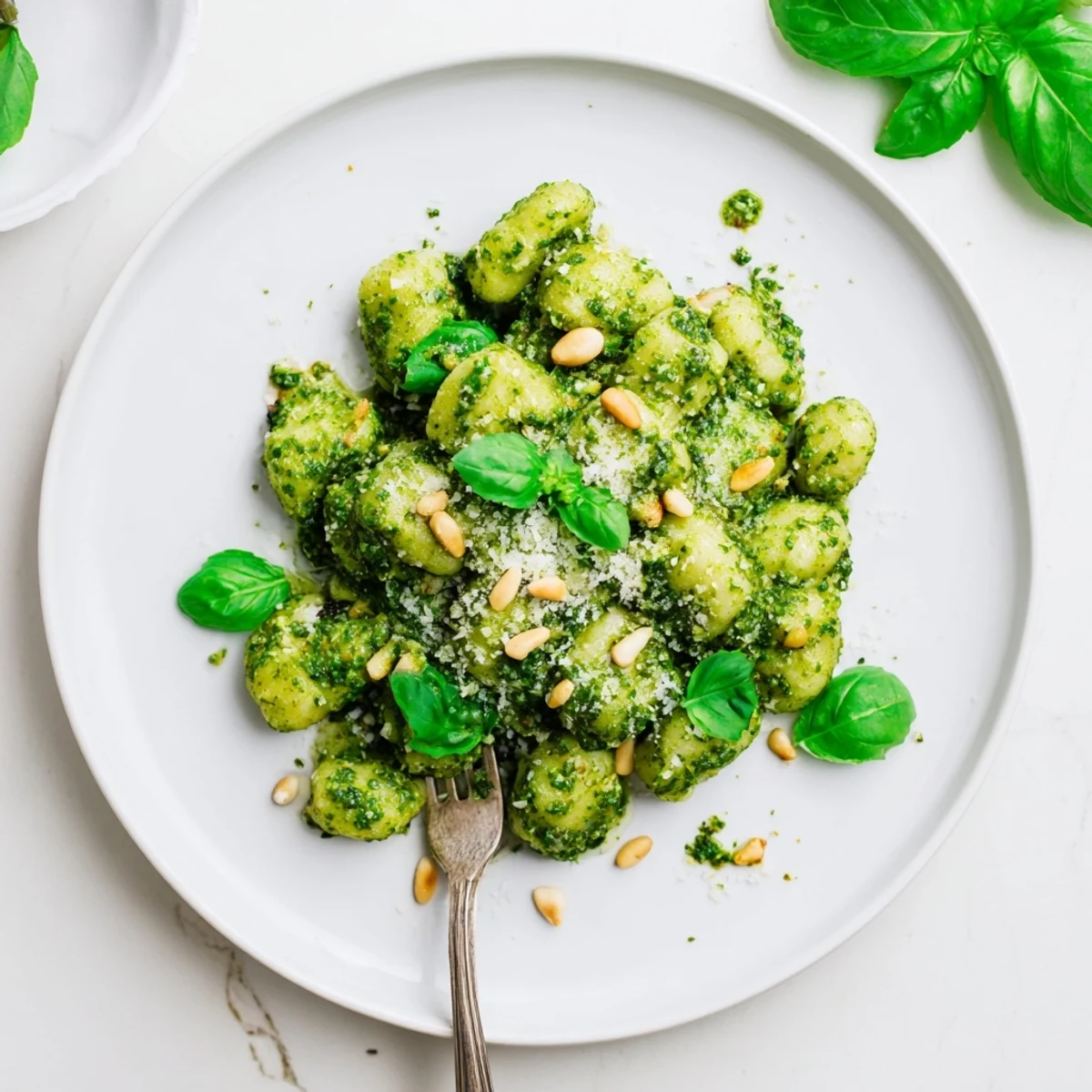 Golden potato gnocchi coated in vibrant green basil pesto sauce garnished with fresh basil