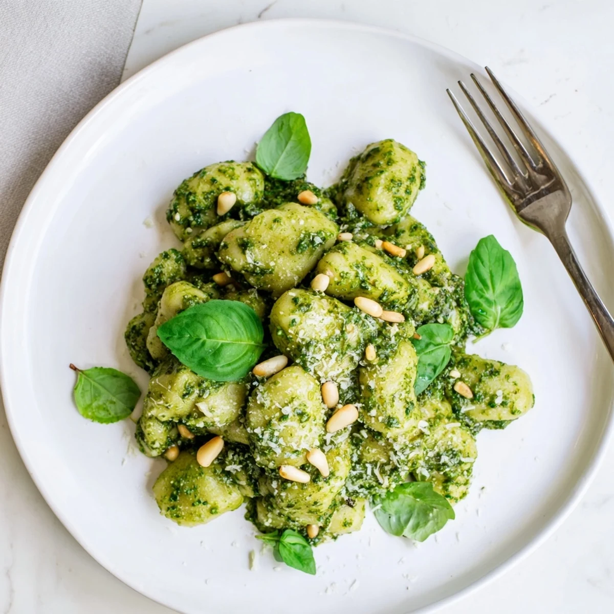 Heaping bowl of pesto-coated potato gnocchi sprinkled with extra cheese and fresh basil leaves