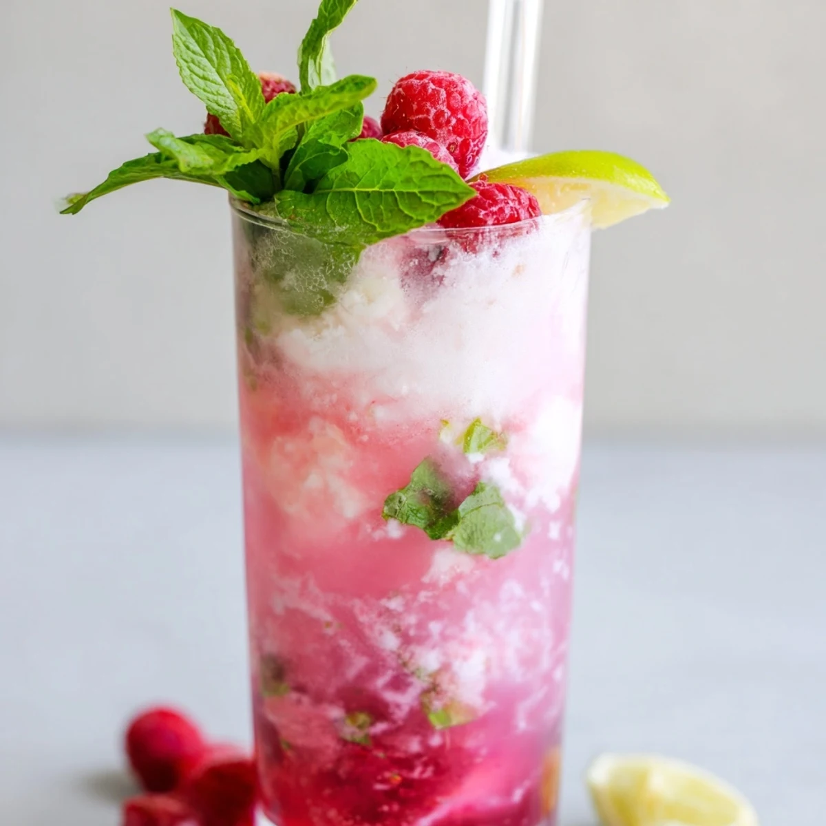 Tall glass of Raspberry Mint Mojito Rebel Float topped with melting vanilla ice cream and fresh mint
