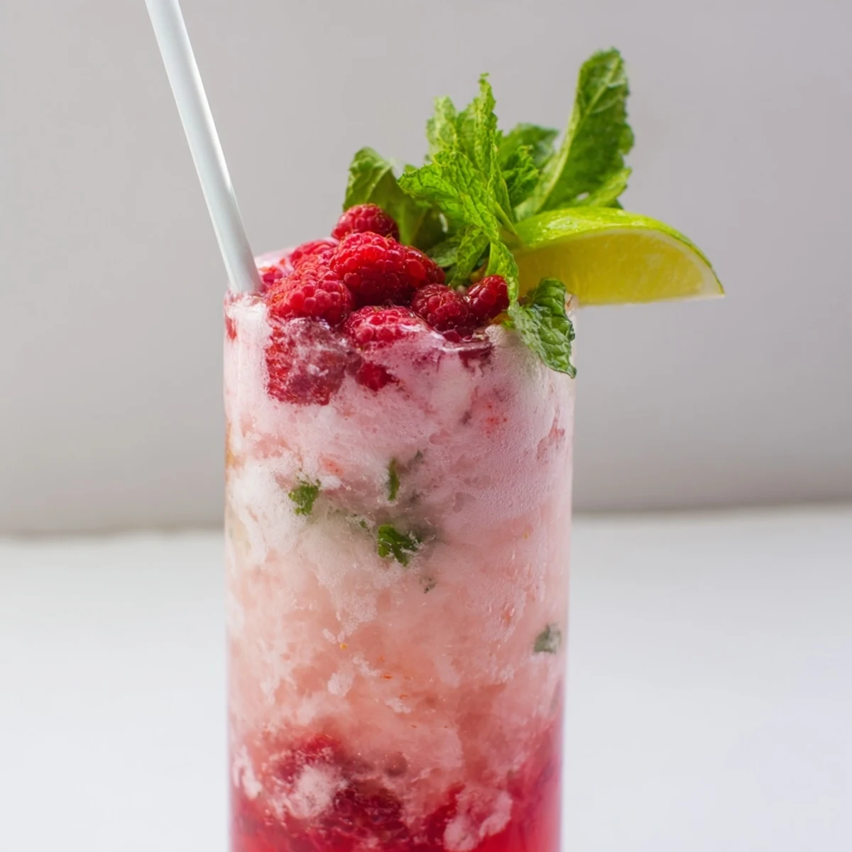 Refreshing summer drink floats with raspberry mint soda, lime wedges, and creamy vanilla ice cream scoop
