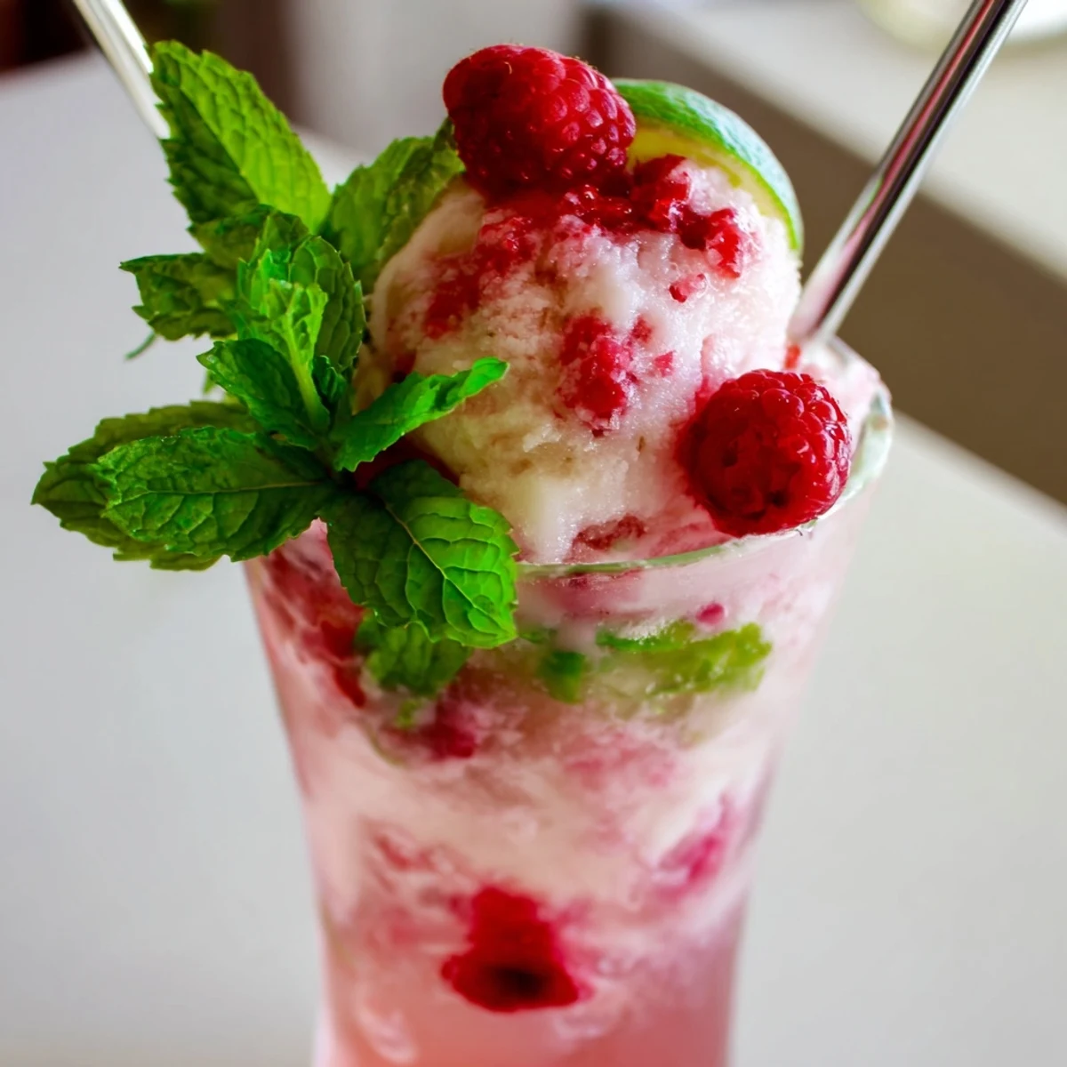 Vibrant pink Raspberry Mint Mojito Rebel Float with muddled berries, mint garnish, and vanilla ice cream swirl