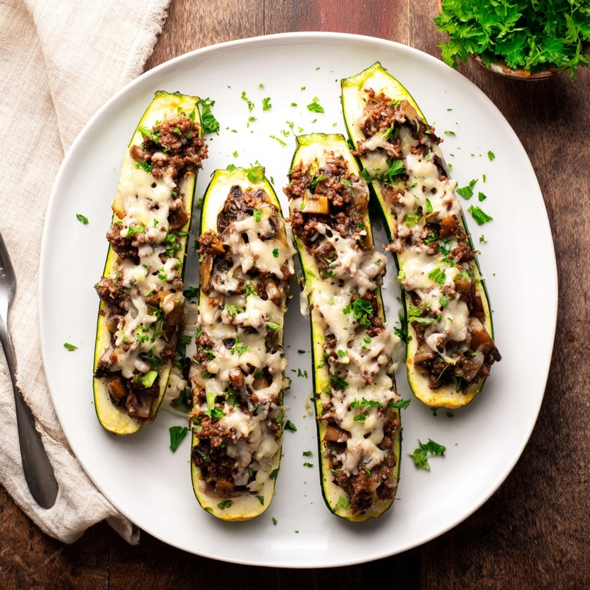 Golden-brown beef tenderloin mushroom stuffed zucchini boats topped with melted mozzarella cheese