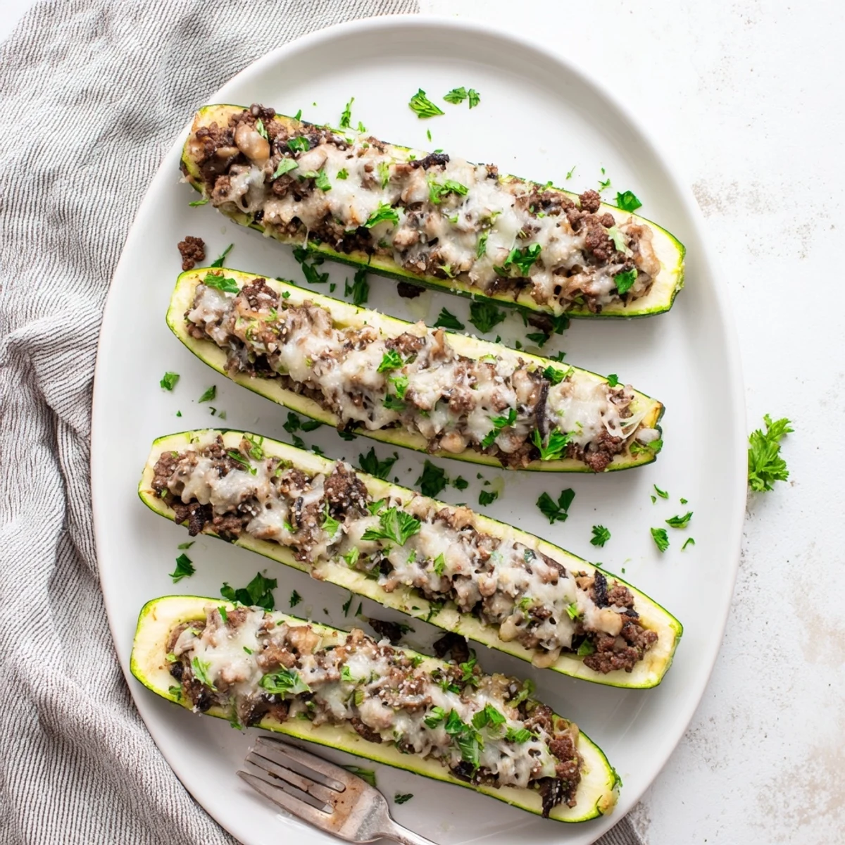Tender zucchini halves overflowing with seasoned beef tenderloin, mushrooms, and grated Parmesan