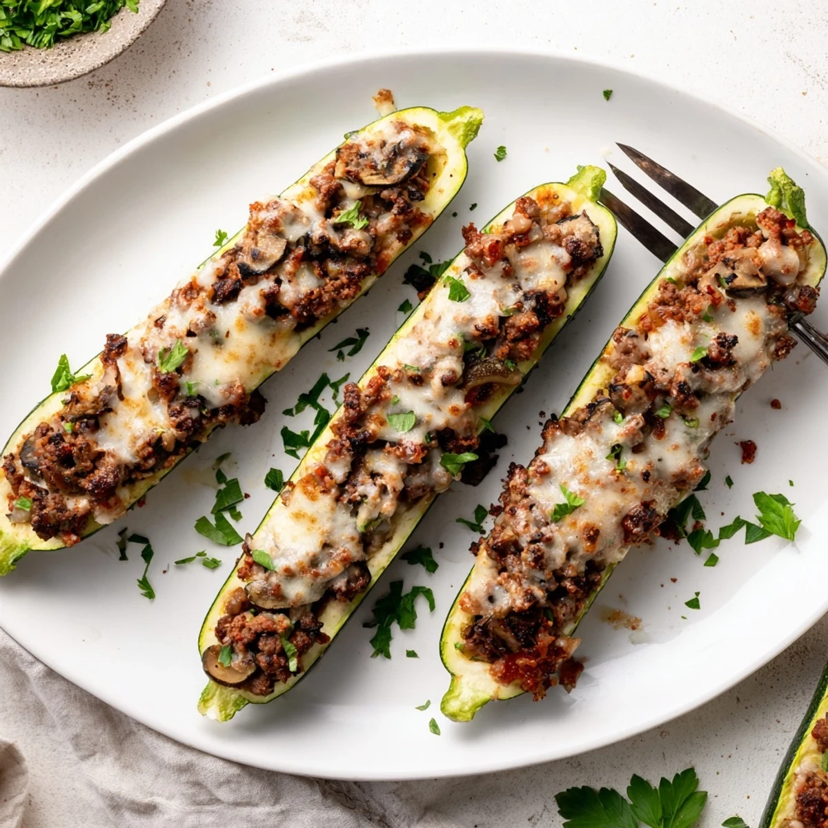 Fresh baked zucchini boats filled with savory beef tenderloin and mushroom mixture