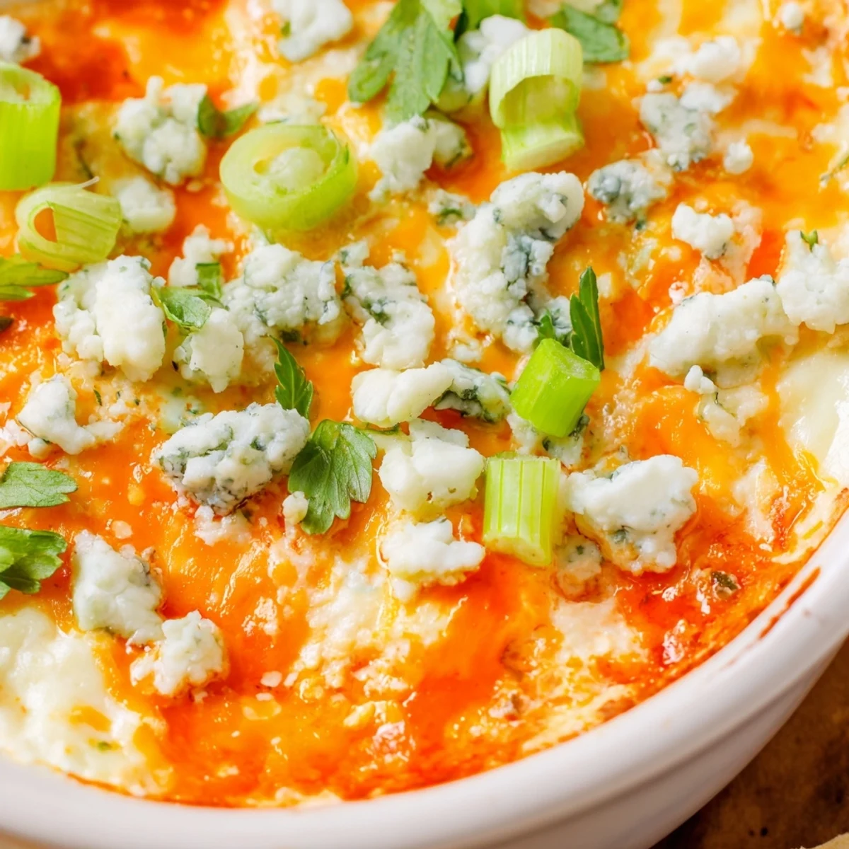 Golden cheesy white bean buffalo dip bubbling in a baking dish with melted cheddar