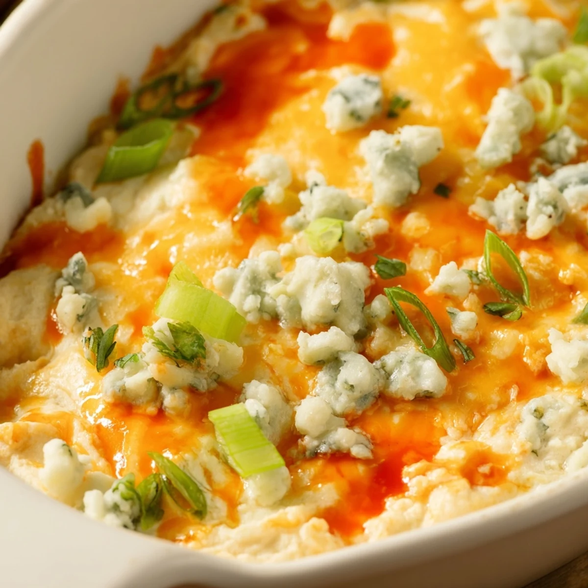 Creamy white bean buffalo dip topped with blue cheese crumbles and fresh green onions
