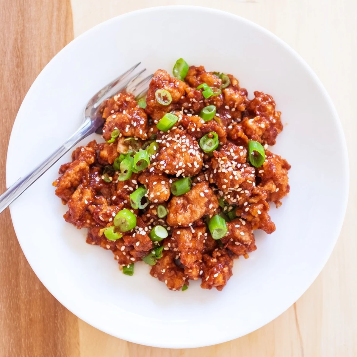 Golden brown ground chicken pieces coated in glossy sweet and tangy General Tso sauce with sesame seeds