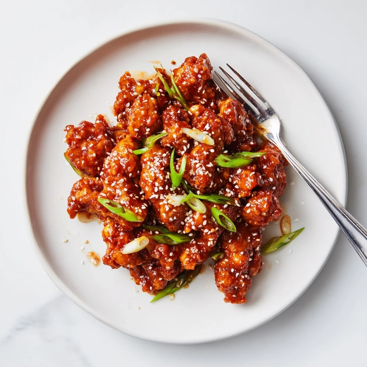 Savory ground chicken stir-fry in rich brown glaze garnished with fresh green onions and white sesame