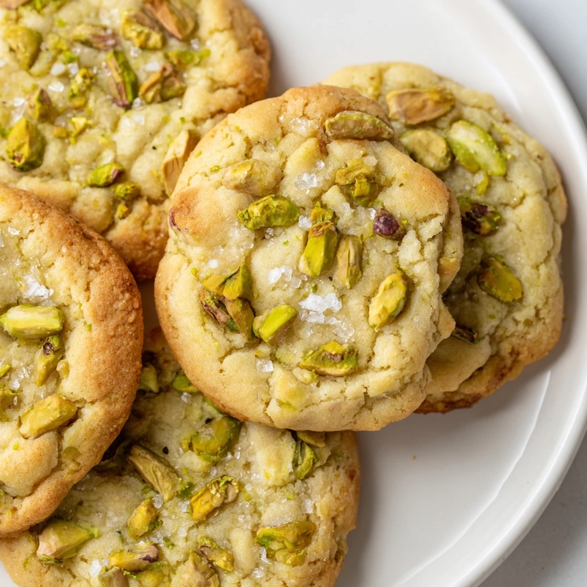 Soft golden brown salted honey pistachio cookies sprinkled with flaky sea salt on a white plate