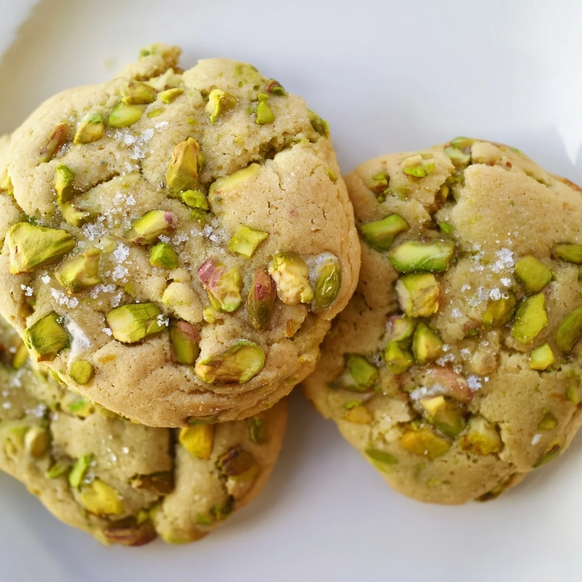 Chewy homemade honey pistachio cookies studded with green nuts and coarse salt crystals on baking sheet