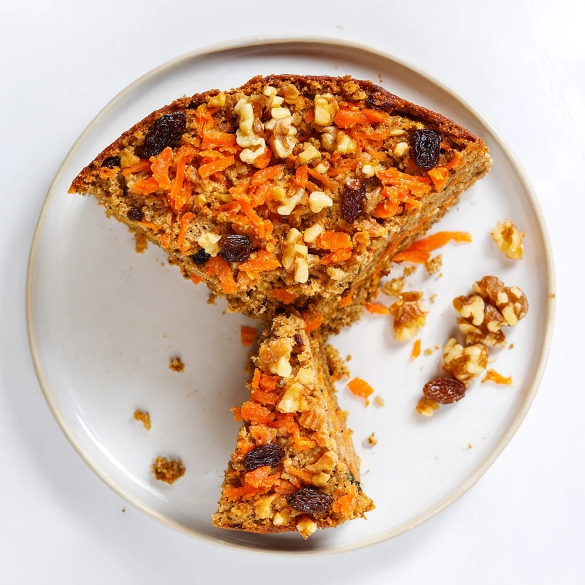 Golden slice of flourless oatmeal carrot cake topped with chopped walnuts on a white plate