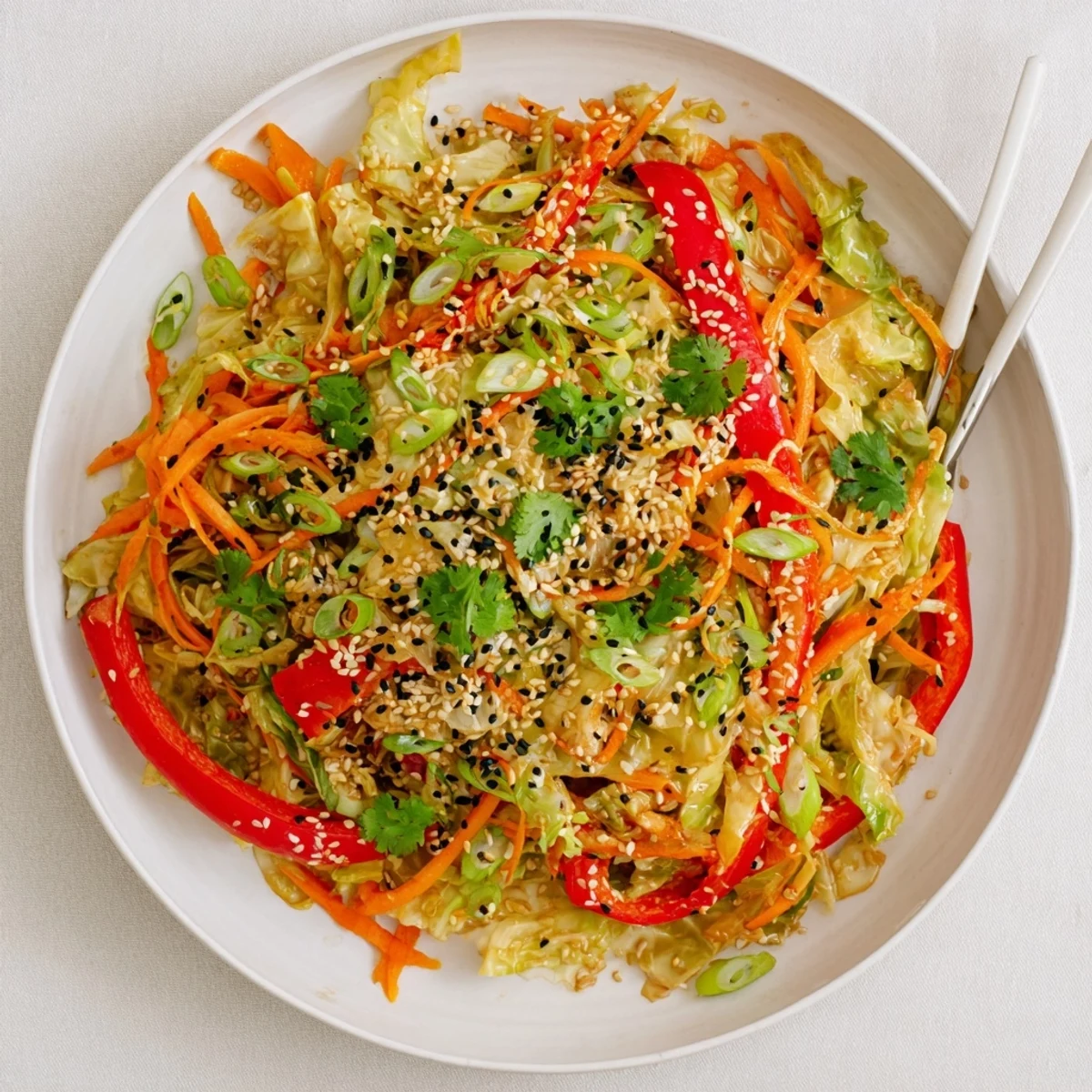 Healthy cabbage stir fry recipe featuring vibrant bell peppers, carrots, and sesame seed garnish