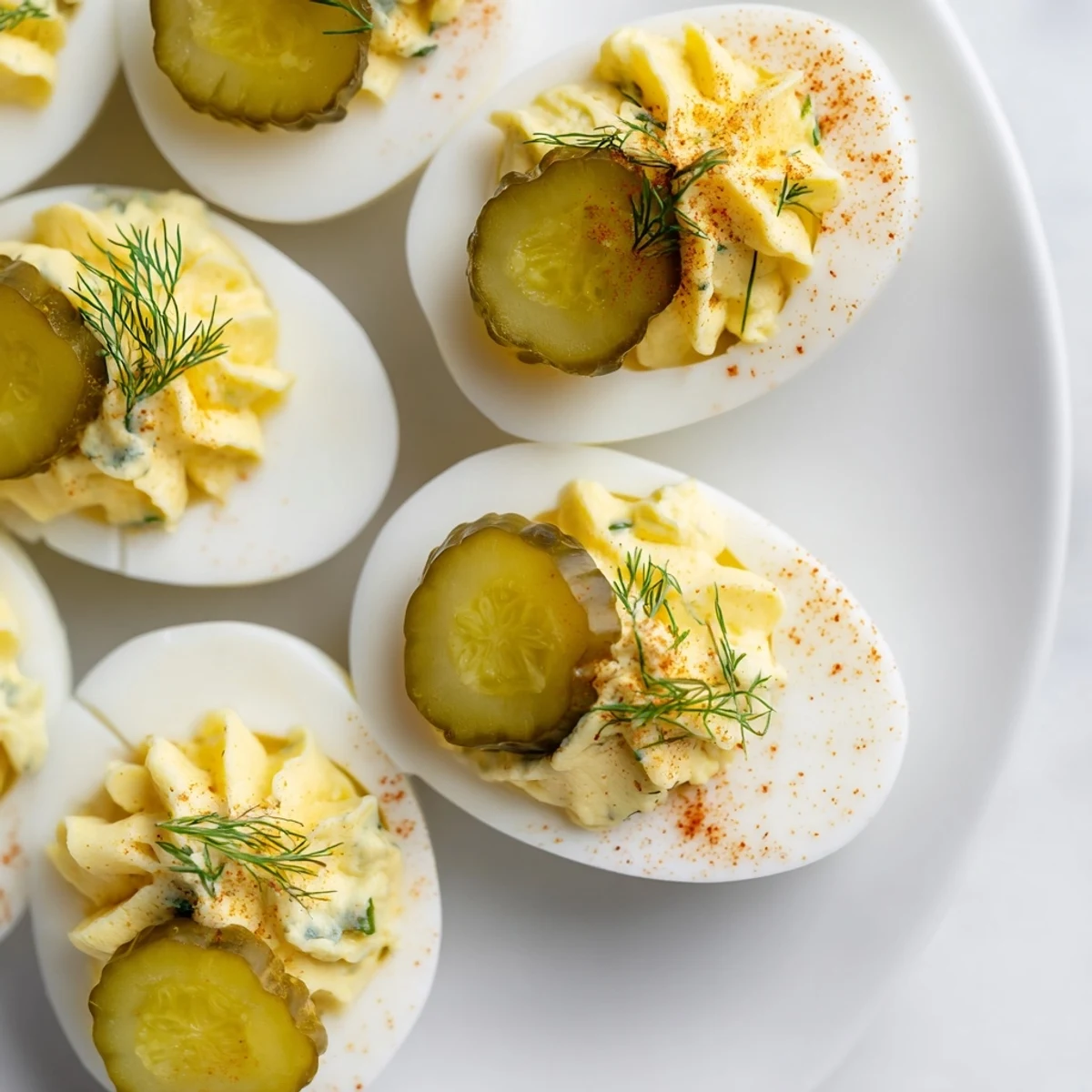 Creamy dill pickle deviled eggs garnished with fresh herbs and smoked paprika on white plate