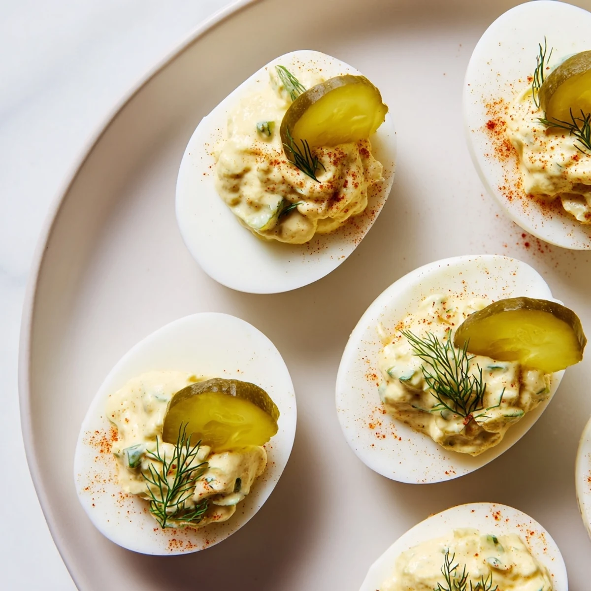 Tangy pickle-filled deviled eggs piped into smooth egg white halves topped with green dill sprigs