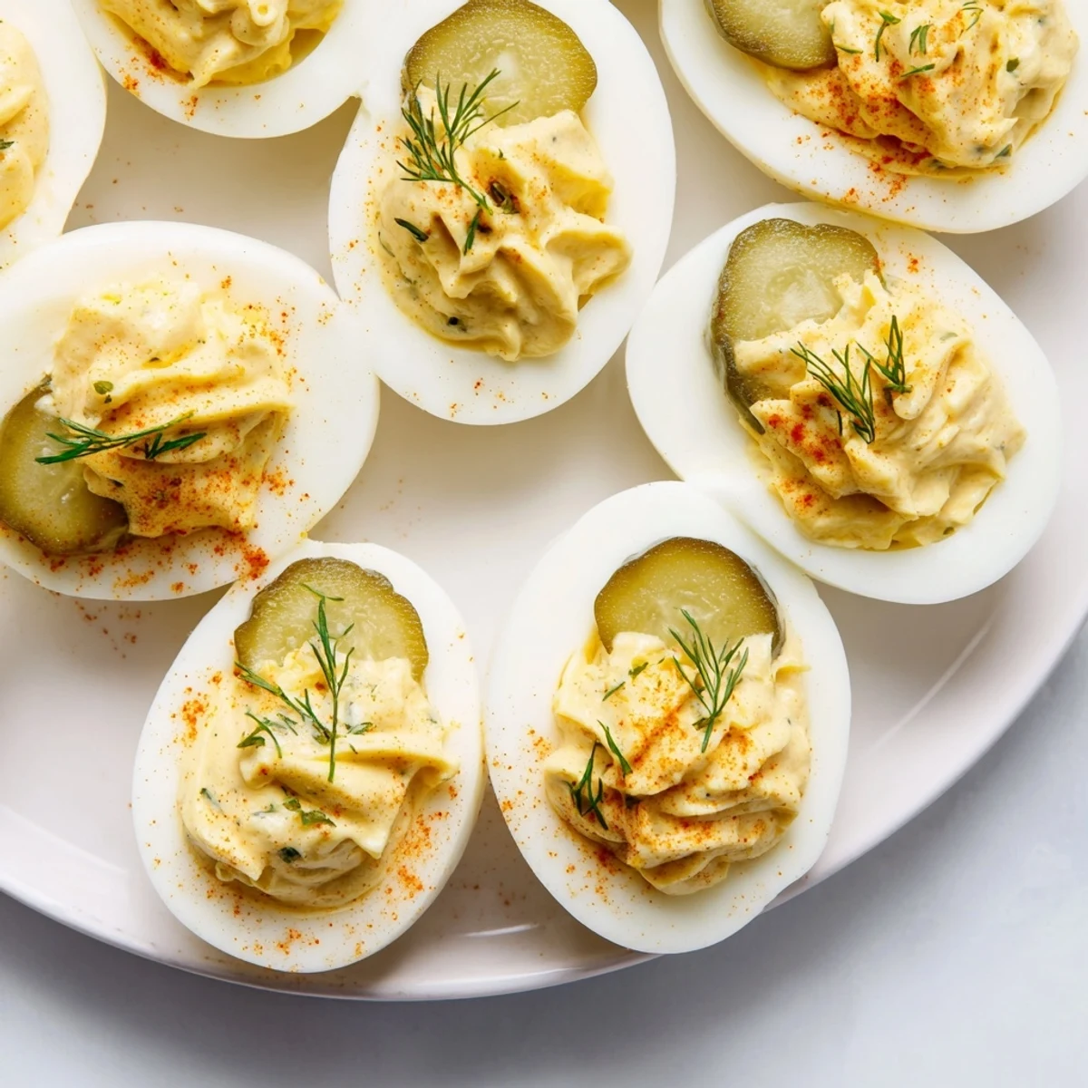 Classic American appetizer of golden dill pickle deviled eggs sprinkled with paprika and fresh dill