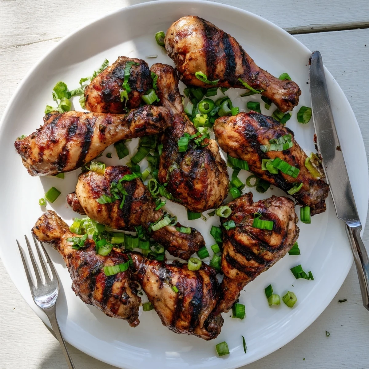 Authentic Jamaican Jerk Chicken pieces on a platter garnished with fresh lime wedges and parsley