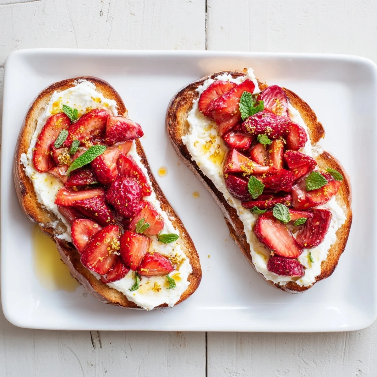 Creamy roasted strawberry whipped ricotta toast garnished with fresh mint on a rustic wooden board