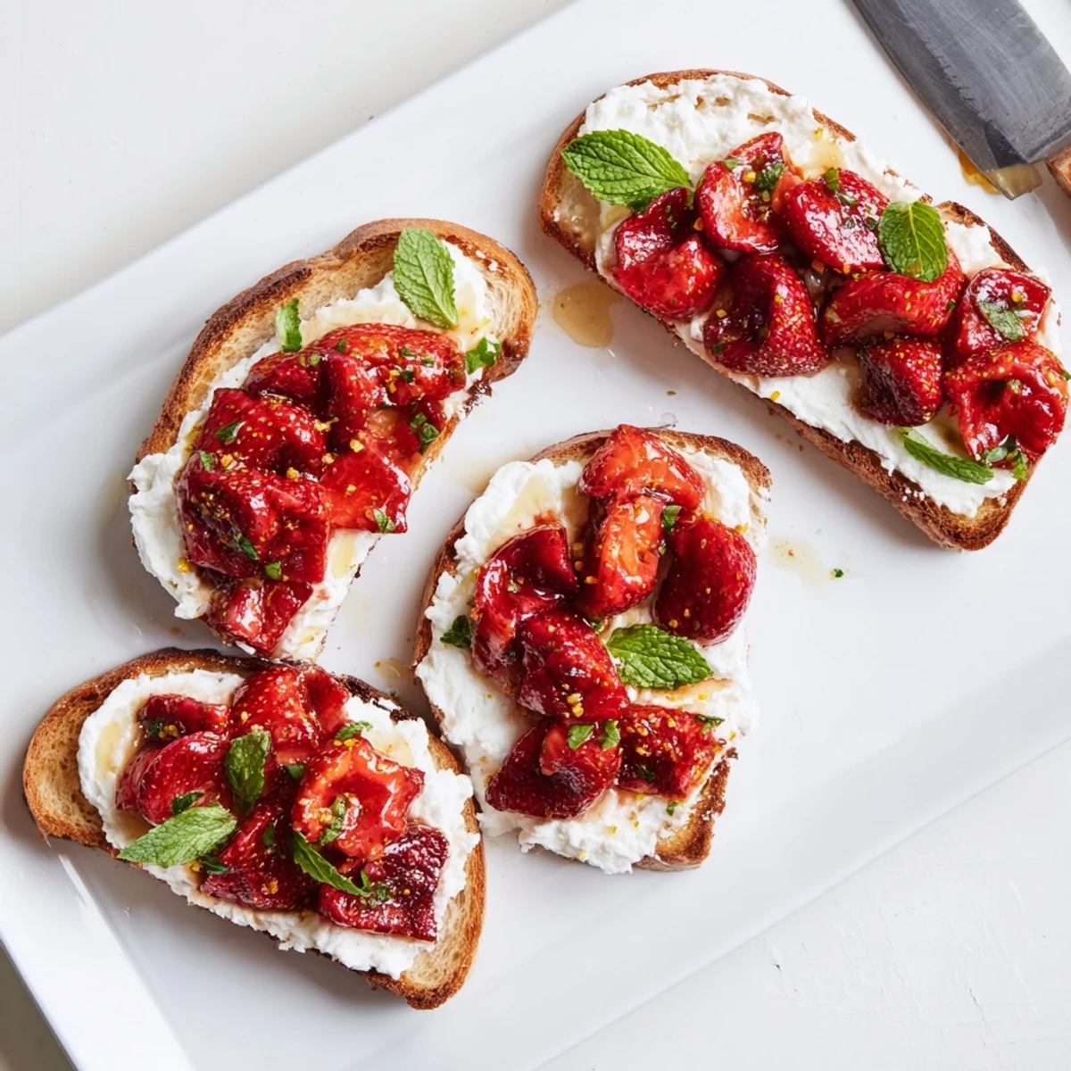 Golden sourdough toast spread with fluffy whipped ricotta topped with roasted strawberries and honey drizzle