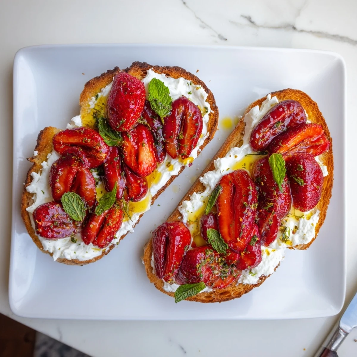Breakfast toast featuring sweet balsamic roasted strawberries over lemon honey ricotta on crispy buttered bread