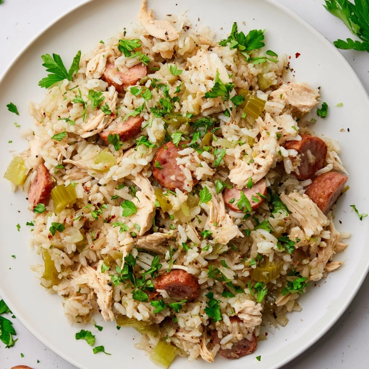 Golden Southern Chicken Bog served in a bowl with tender chicken, smoked sausage, and fluffy white rice