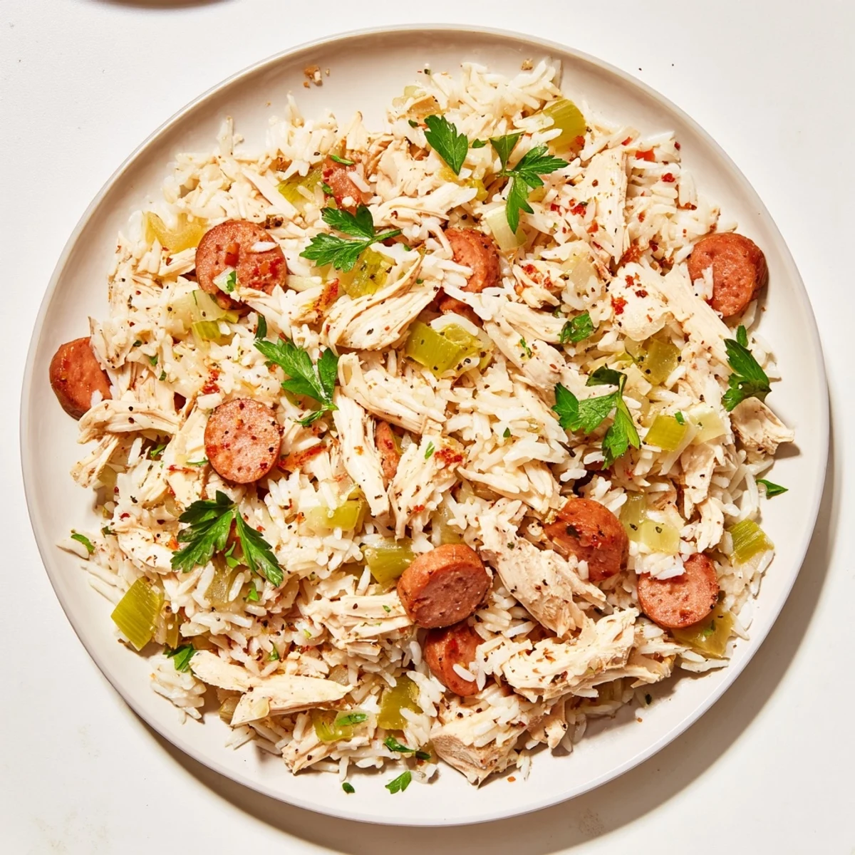 Hearty Chicken Bog one-pot meal garnished with fresh parsley, featuring shredded chicken and sliced andouille sausage