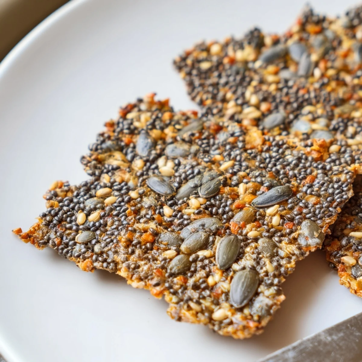 Seed Crackers crisped golden with visible seeds, served with hummus dollop