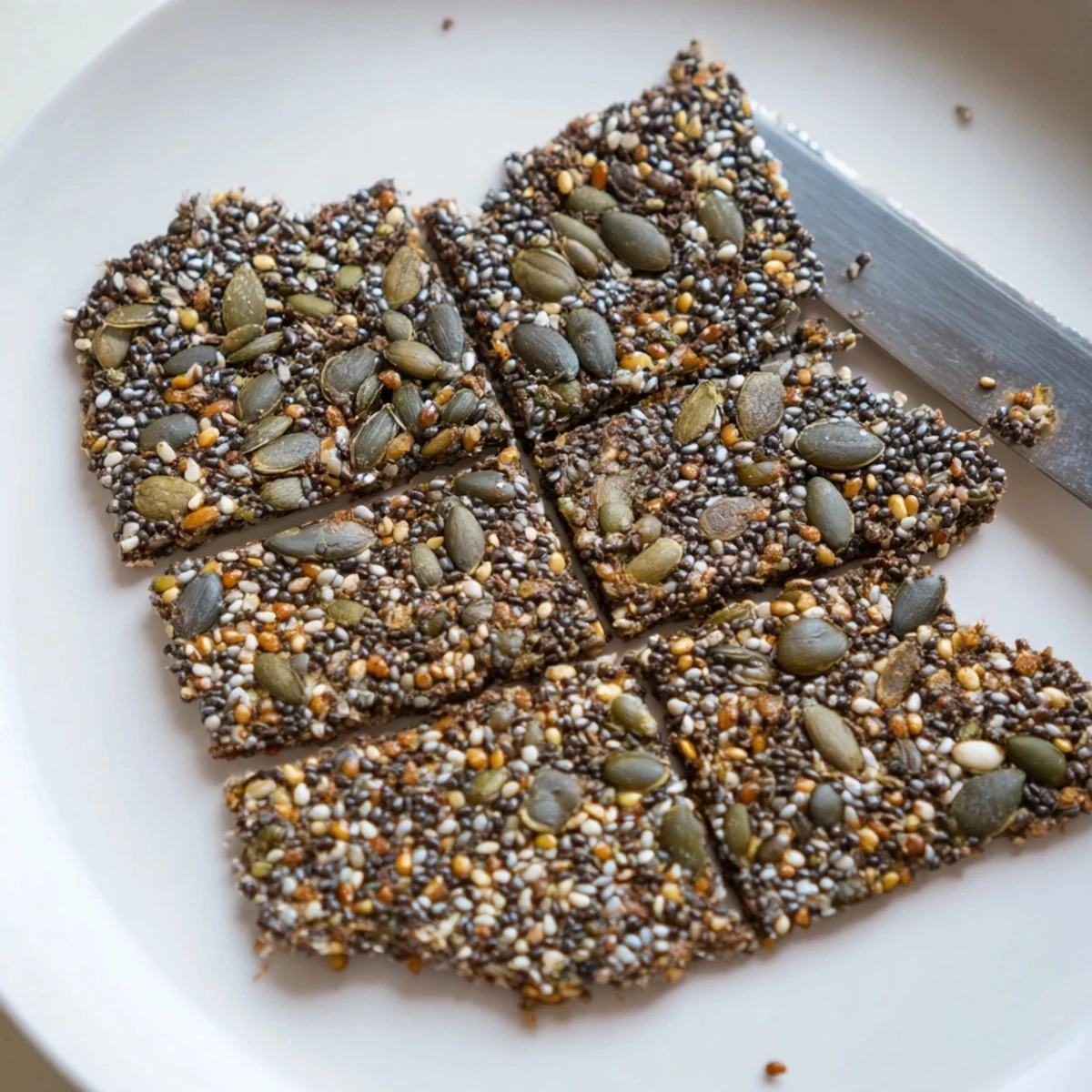 Homemade Seed Crackers on parchment, toasted edges and nutty seed texture
