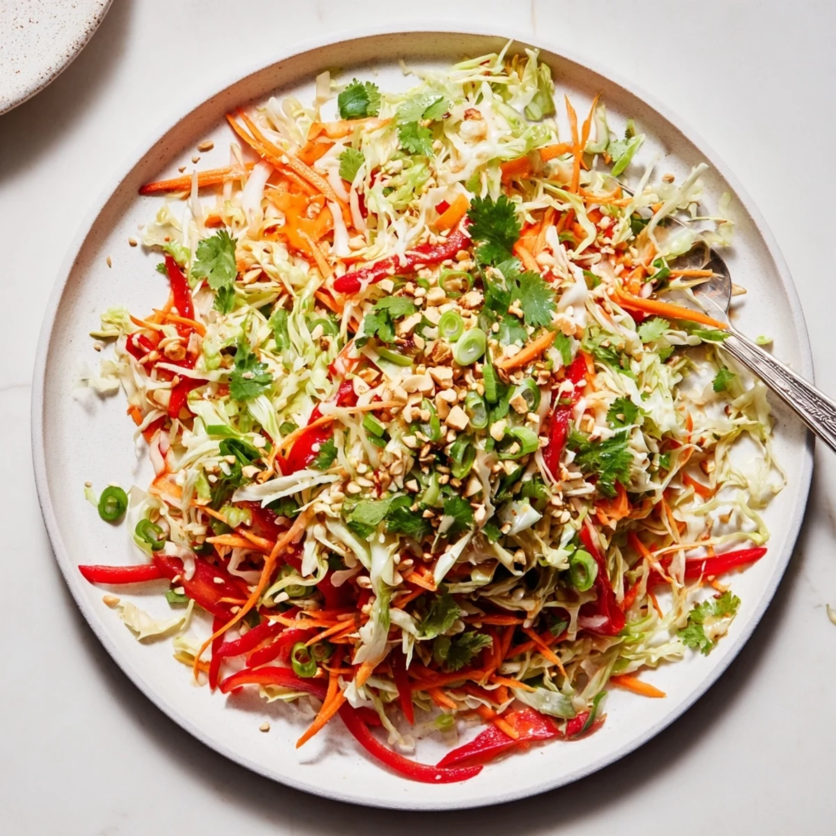 Small bowl of Asian Cabbage Salad tossed with grated ginger and toasted sesame.