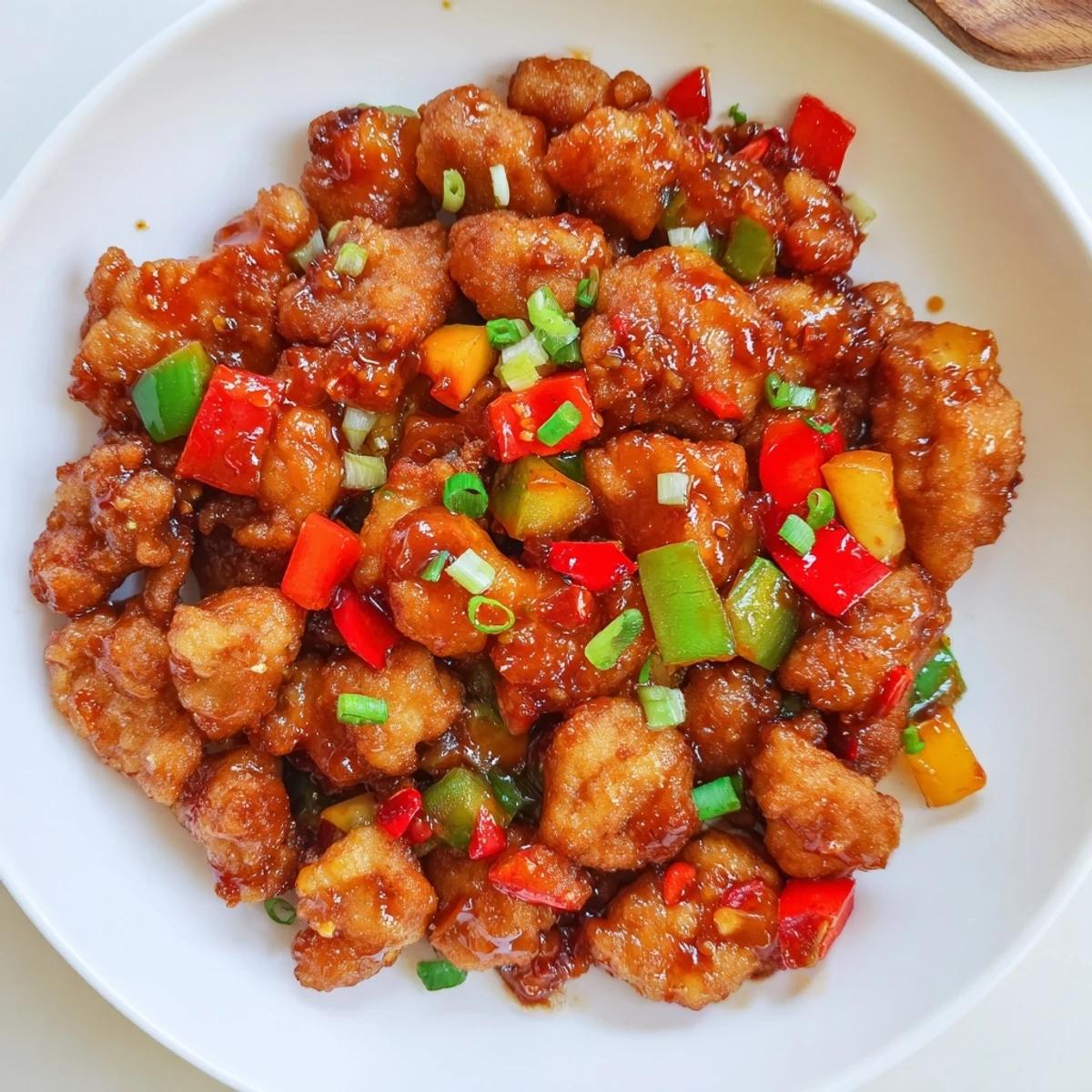 Crispy Flavorful Chilli Chicken Indo Chinese tossed with peppers, served over rice.