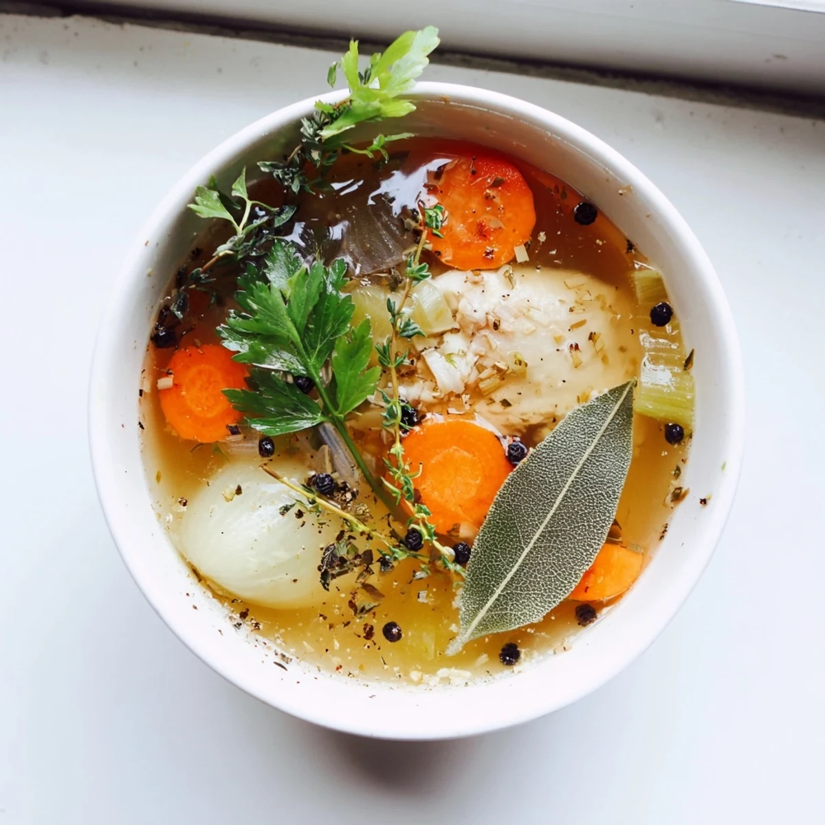 Golden homemade chicken bone broth slow cooker simmering with carrots, celery, and aromatic herbs