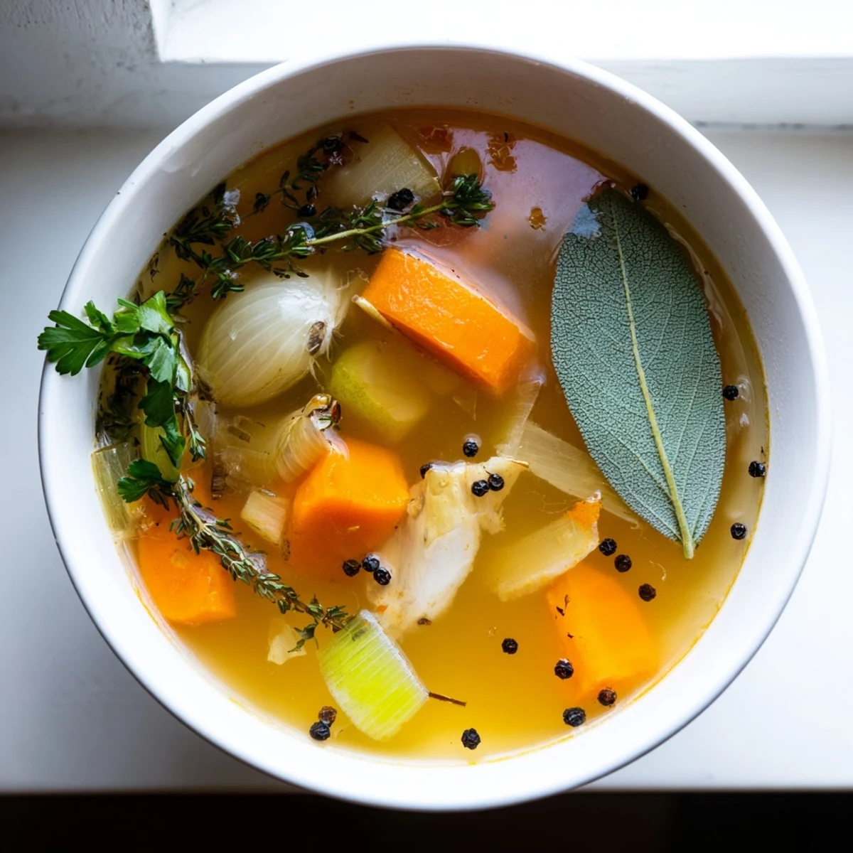 Warm slow cooker chicken bone broth steaming in a white bowl with fresh parsley garnish