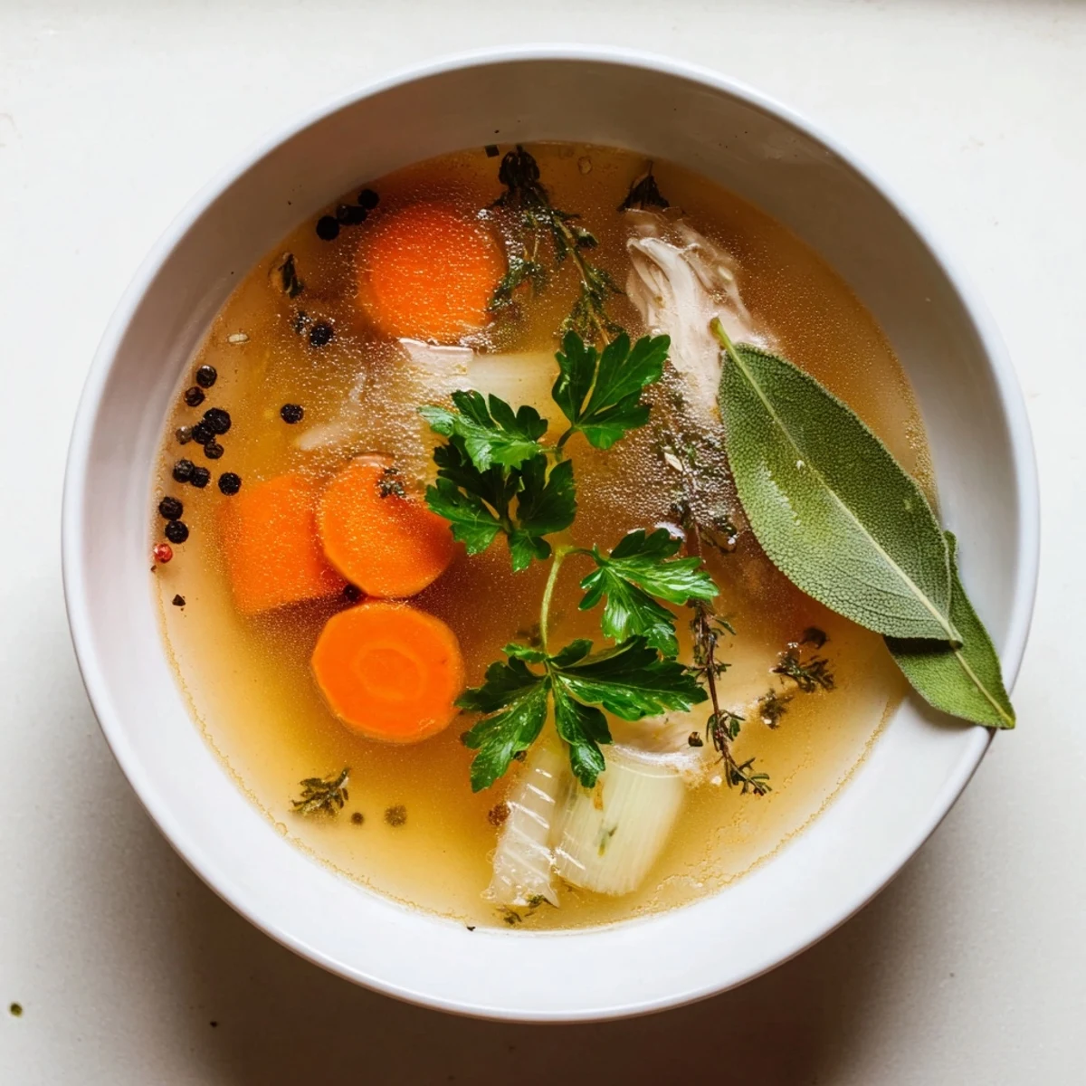 Rich amber chicken bone broth slow cooker ladled into mugs beside raw ingredients