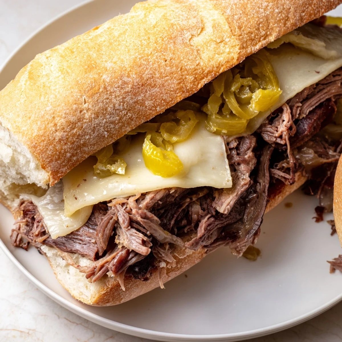 Slow cooker Italian roast beef sandwiches piled with tender shredded beef, melted provolone, and tangy pepperoncini on toasted crusty rolls