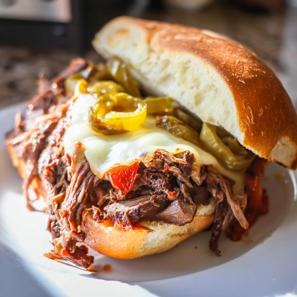 Juicy slow-cooked Italian roast beef sandwich with gooey cheese, sliced pepperoncini peppers, and au jus dripping down a buttered hoagie roll