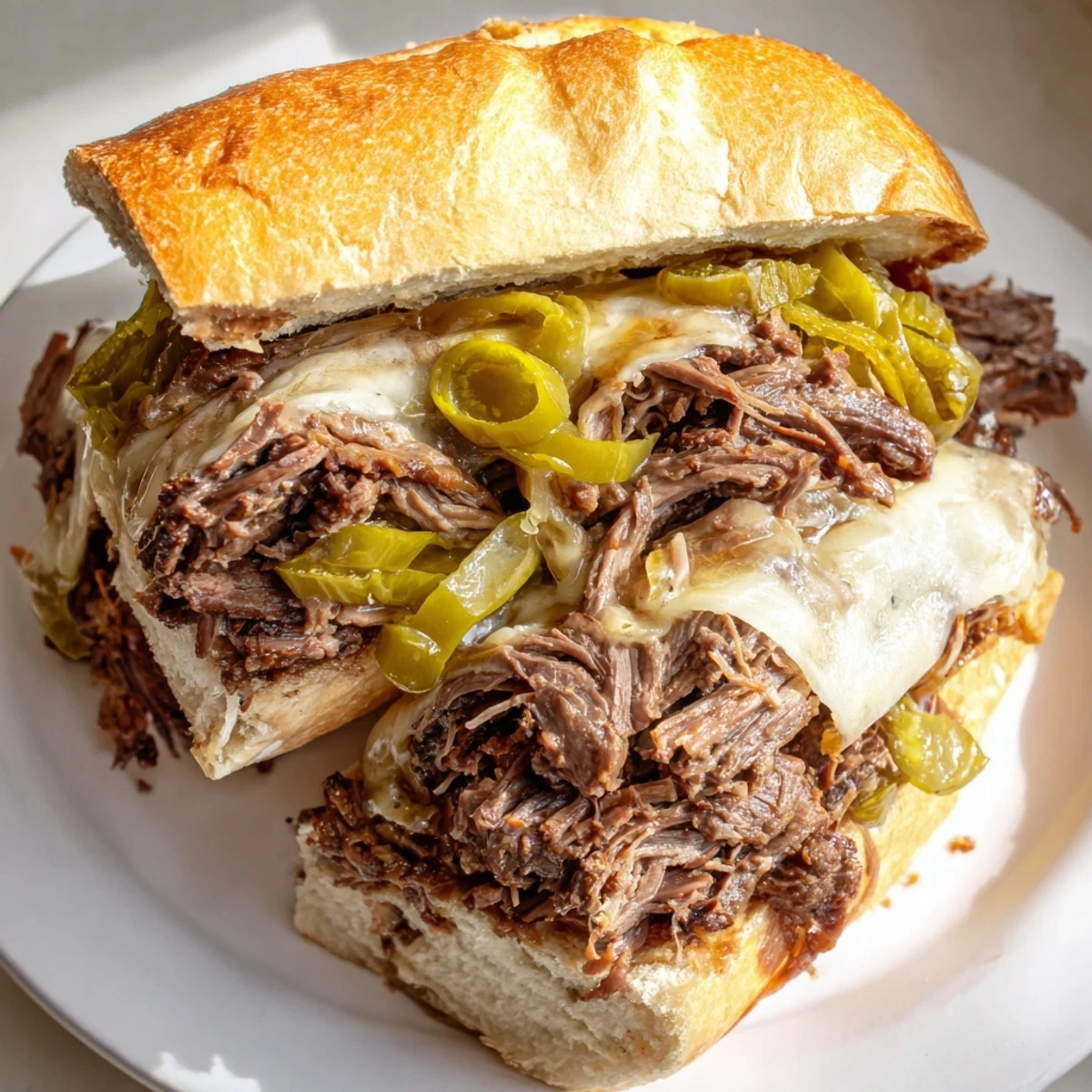 Golden Italian roast beef sandwiches featuring slow-cooked shredded meat topped with melted provolone and pepperoncini on a toasted sub roll