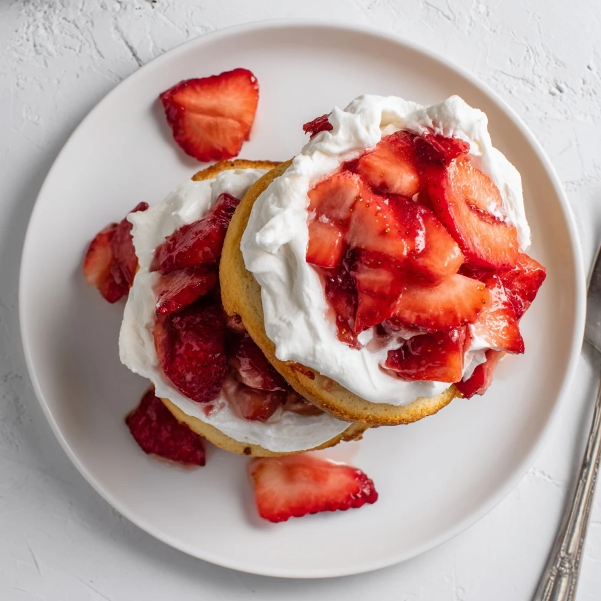 Golden homemade strawberry shortcake stacked with juicy macerated berries and fluffy whipped cream