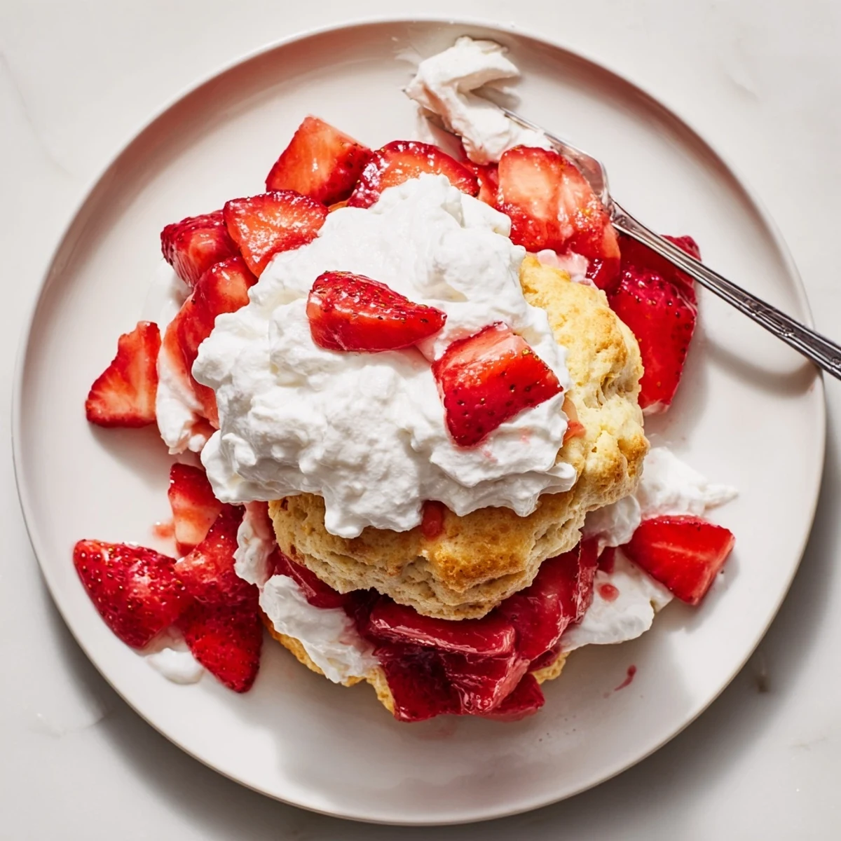 Split biscuit overflowing with sweet red strawberries and vanilla whipped cream topping