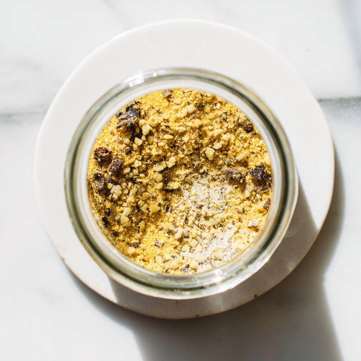 Homemade gluten free ramen seasoning blend in glass jar with measuring spoon nearby